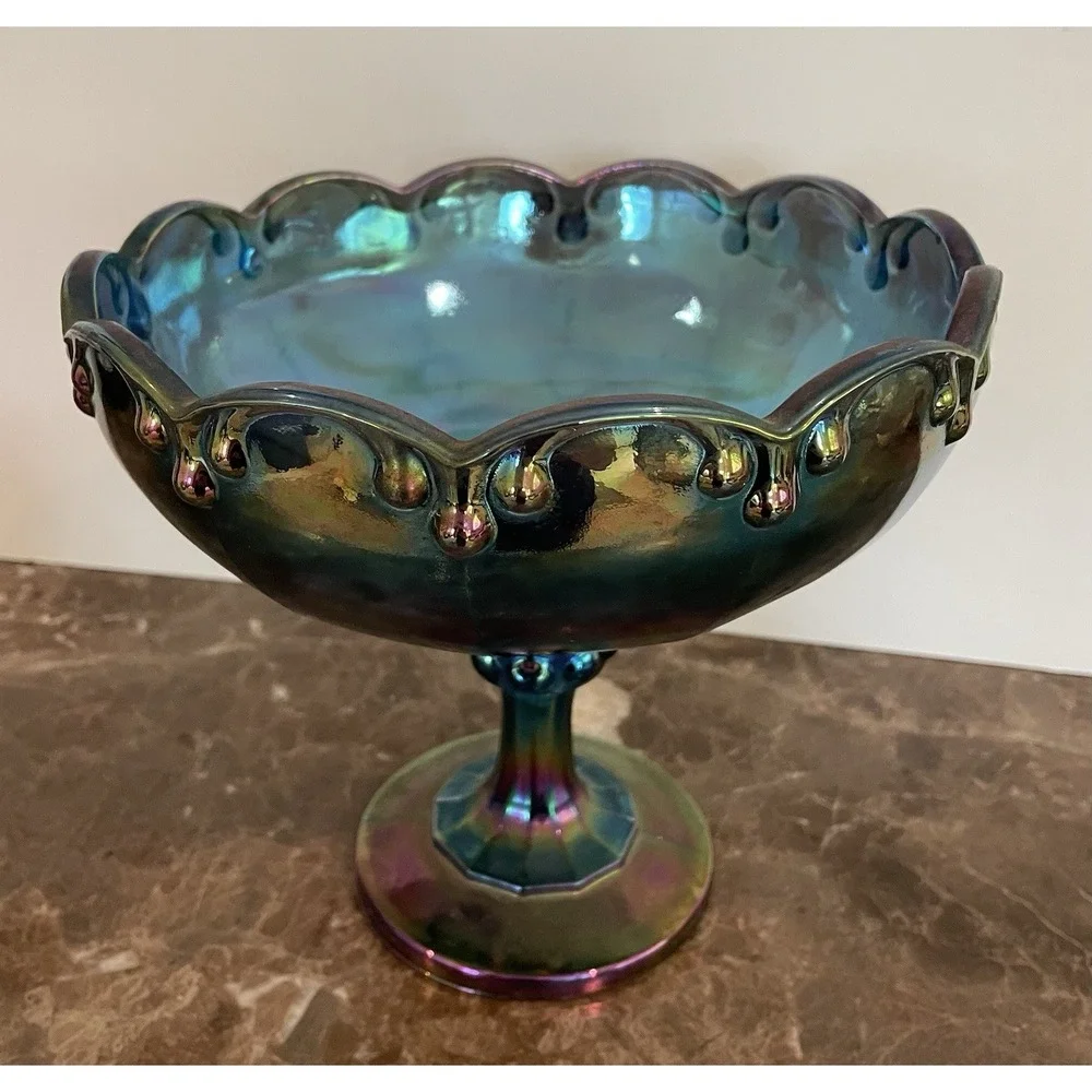 Vtg Indiana Blue Carnival Champagne Glass‎ Pedestal Compote Candy Nut Bowl Large